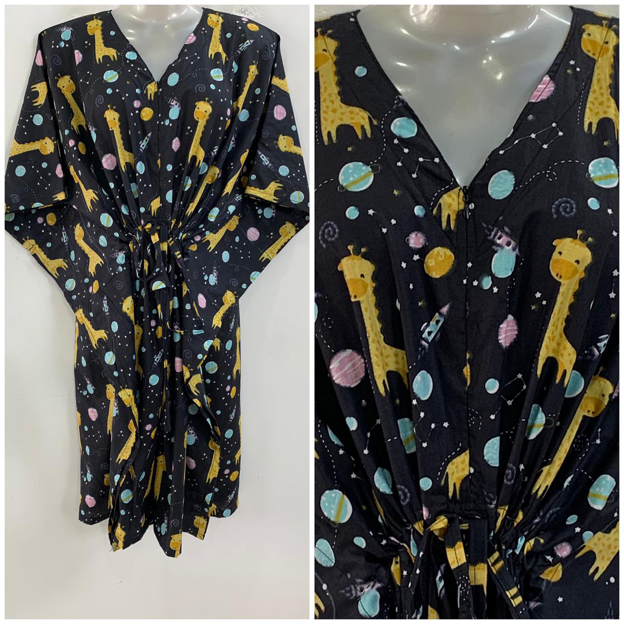 Black shade Yellow Giraffe Print Mid-Length Cotton Maternity Kaftan Dress