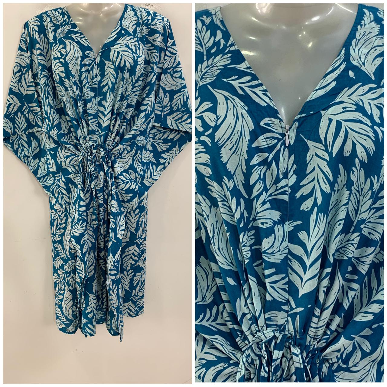 Blue shade White Pine Leafy Print Mid-Length Cotton Maternity Kaftan Dress
