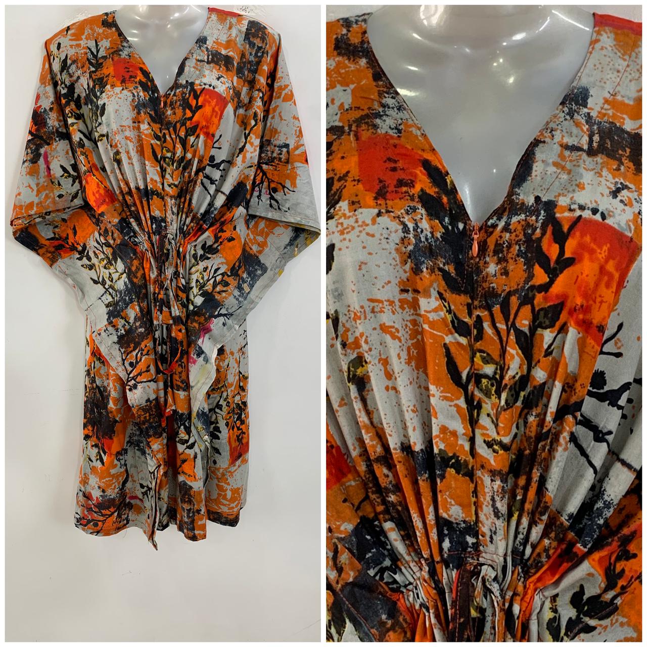 Orange-Grey Painted Abstract Print Mid-Length Rayon Maternity Kaftan Dress
