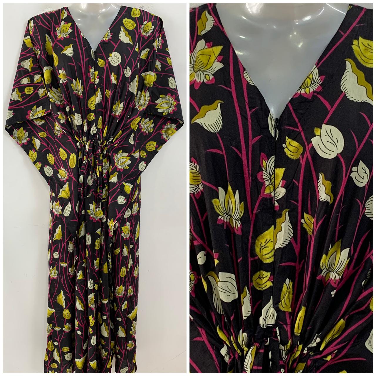 Black Shade Yellow Lotus Flower Print Cotton Maternity Nursing Kaftan