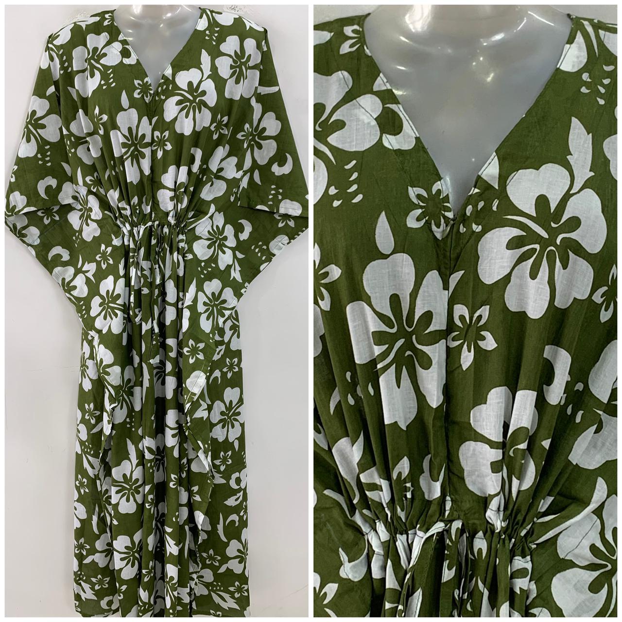Olive Green shade Daisy Flower Outliner Print Cotton Maternity Nursing Kaftan