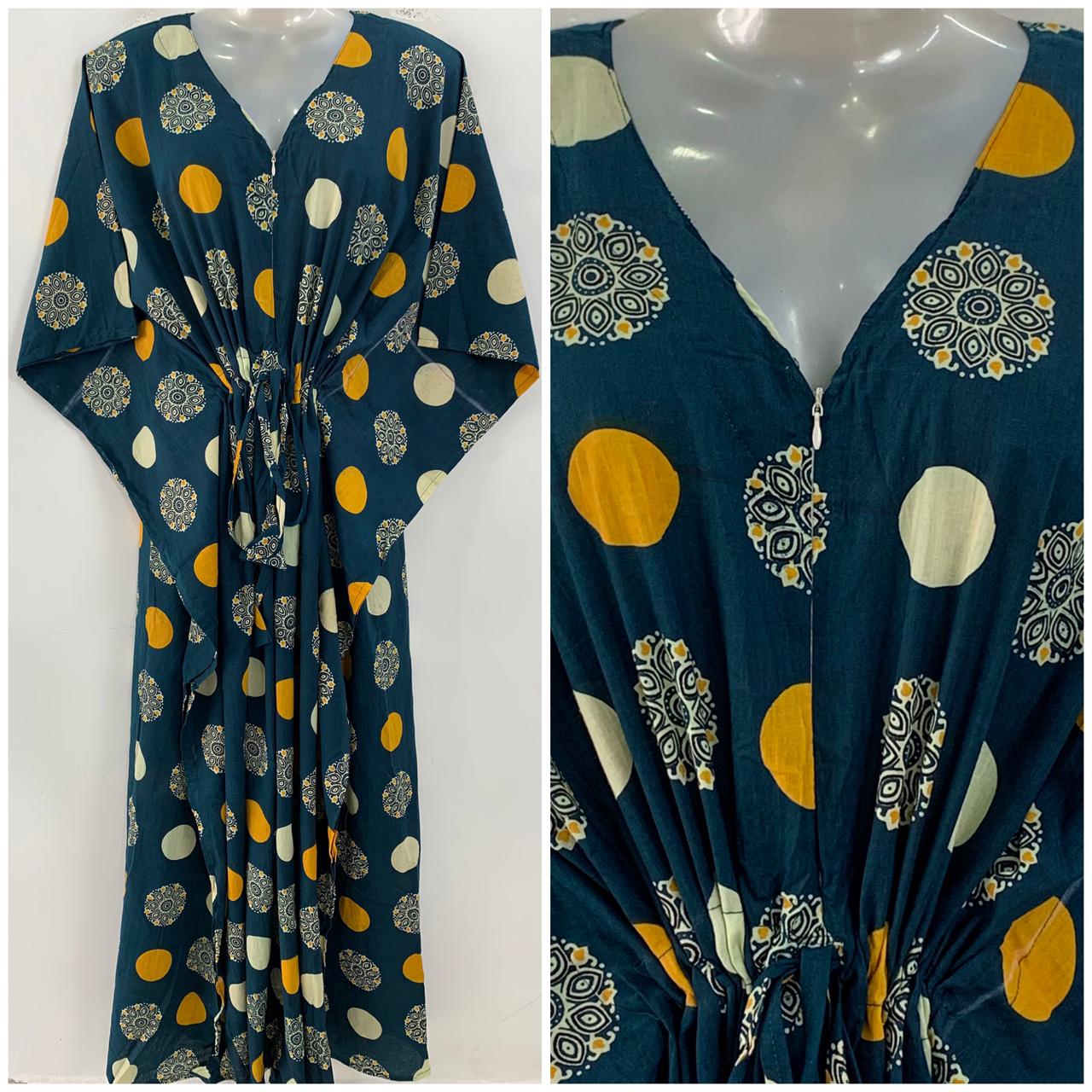 Teal Blue shade Polka dot Mandala Print Cotton Maternity Nursing Kaftan