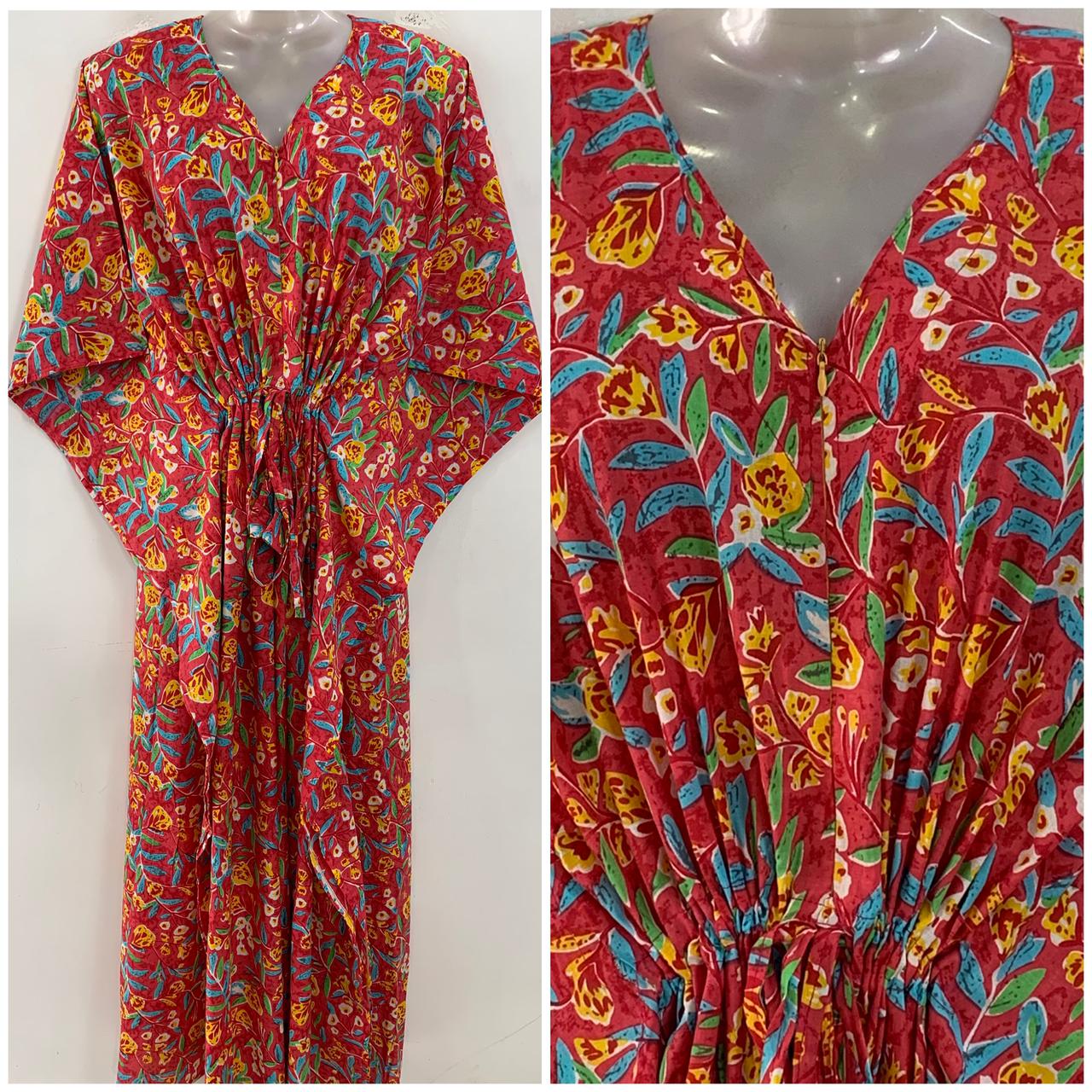 Red shade Multicolor Leafy Print Cotton Maternity Nursing Kaftan
