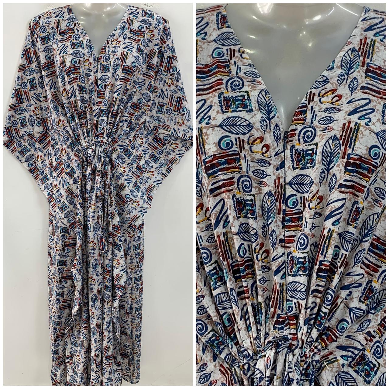 Off White shade Blue Feather Boho Abstract Print Cotton Maternity Nursing Kaftan