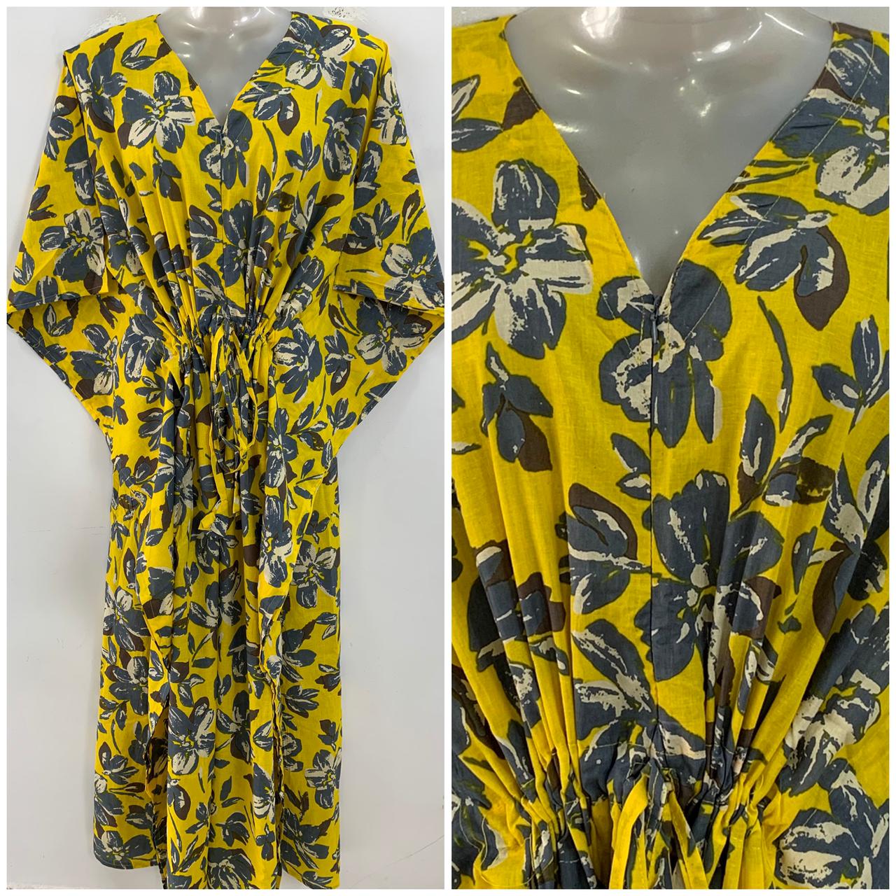 Bright Yellow shade Grey Painted Flower Print Cotton Maternity Nursing Kaftan