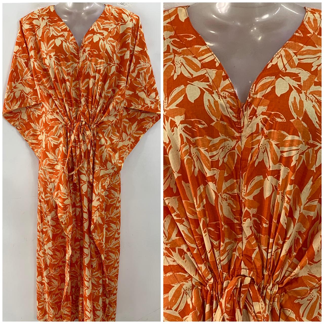 Orange Shade White Petal Print Cotton Maternity Nursing Kaftan