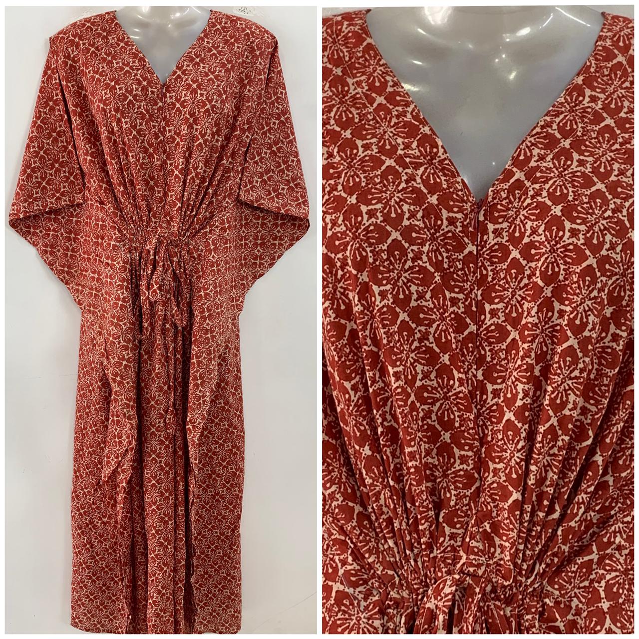 Brick Red shade Small Four Petal Print Cotton Maternity Nursing Kaftan