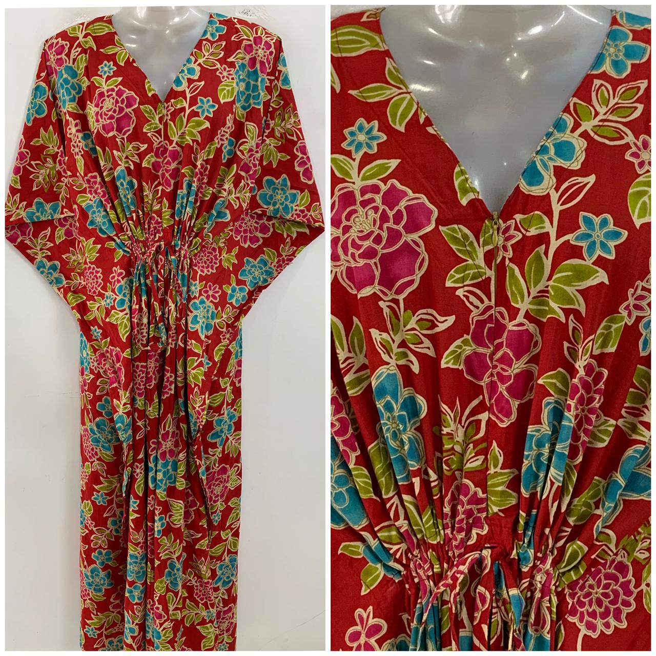 Red Shade Red-Blue Flower Print Cotton Maternity Nursing Kaftan