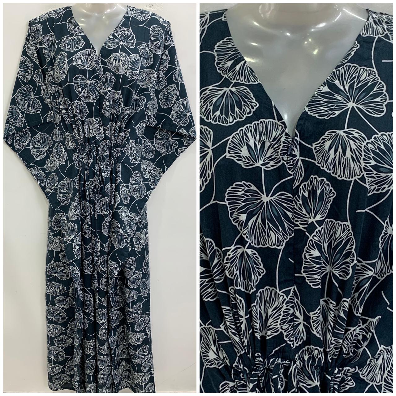 Dark Blue shade Lotus Stem Outliner Print Cotton Maternity Nursing Kaftan