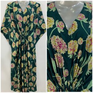 Dark Green shade Yellow Mariegold Flower Print Cotton Maternity Nursing Kaftan