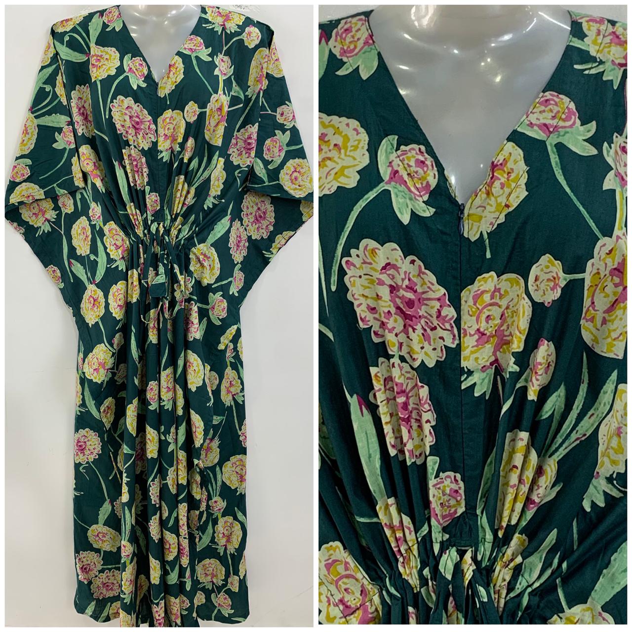 Dark Green shade Yellow Mariegold Flower Print Cotton Maternity Nursing Kaftan