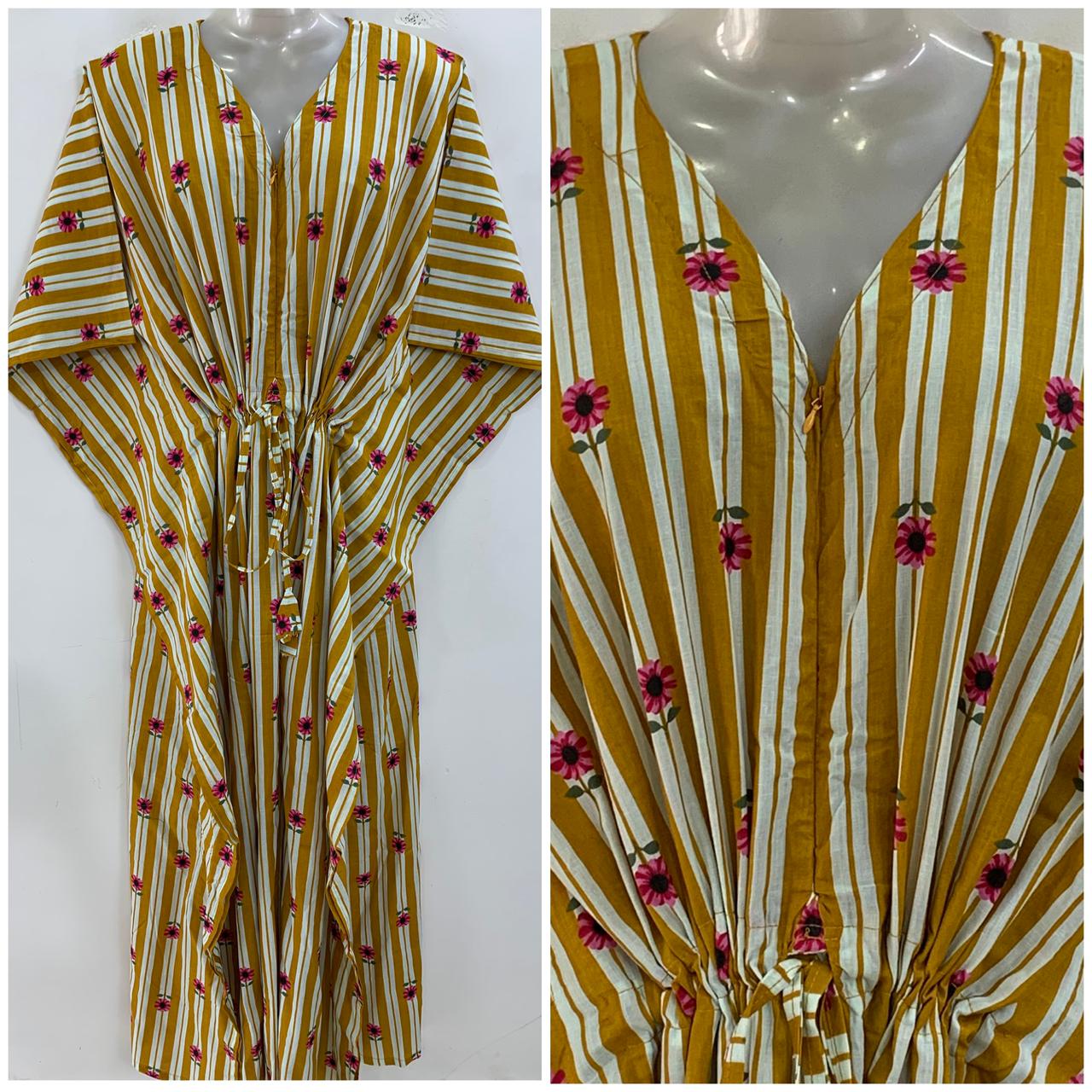 Yellow Lining Pink Tiny Flower Print Cotton Maternity Nursing Kaftan