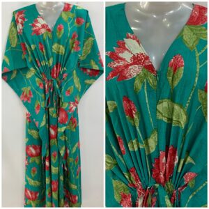 Seagreen shade Red Lotus Flower Garden Print Cotton Maternity Nursing Kaftan