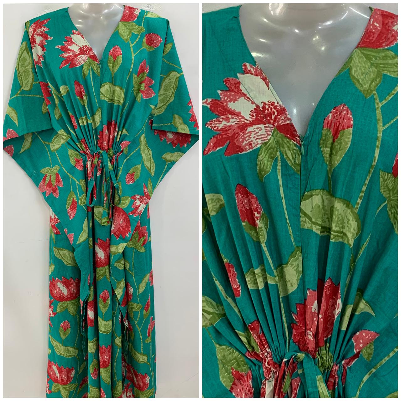 Seagreen shade Red Lotus Flower Garden Print Cotton Maternity Nursing Kaftan