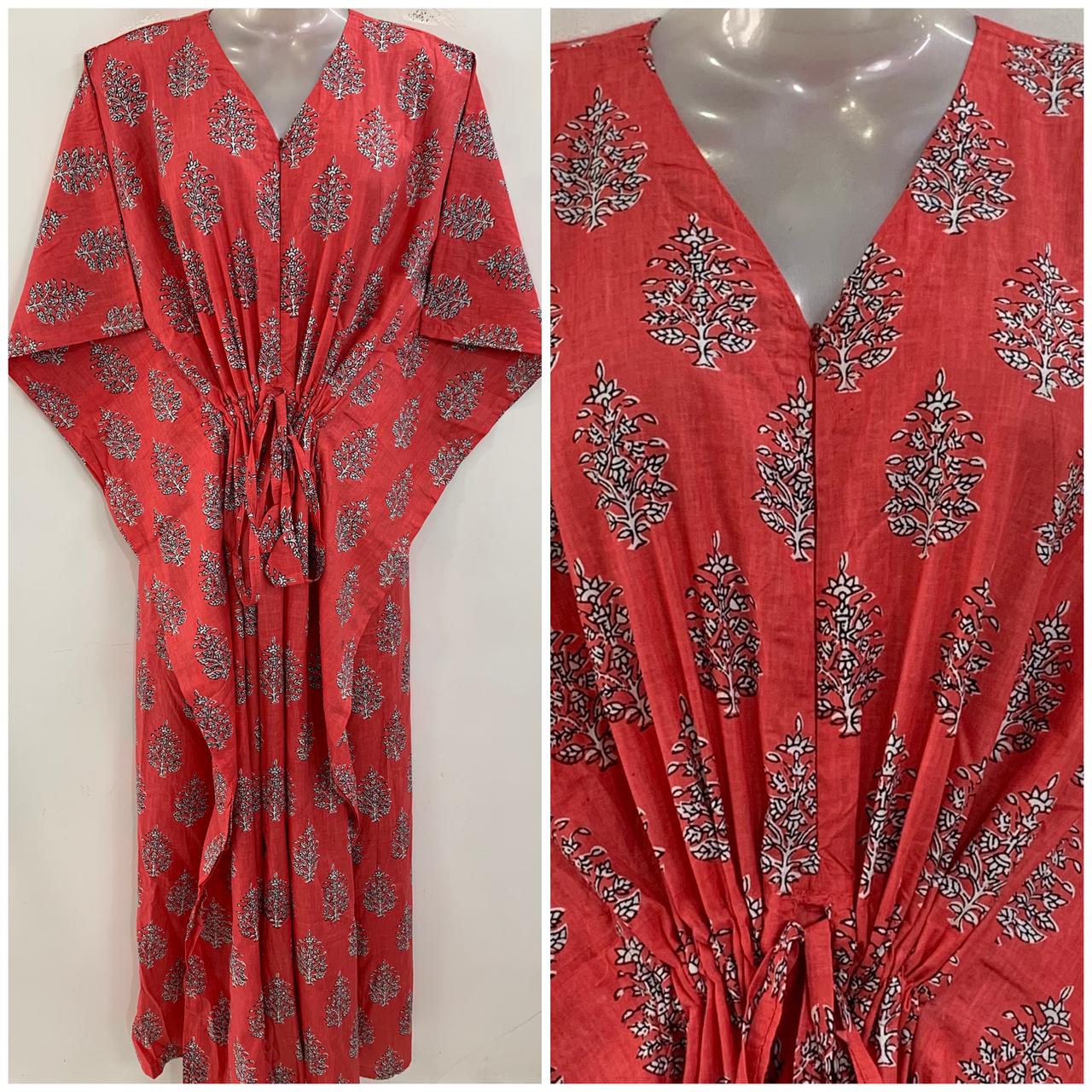 Peach Shade Pine Flower Bunch Print Cotton Maternity Nursing Kaftan