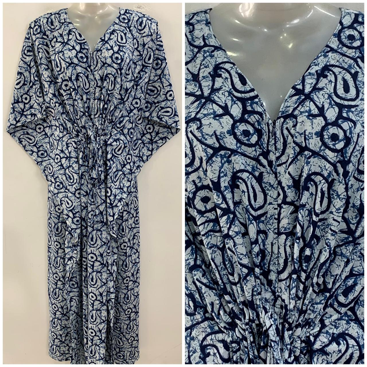 Blue single leafy abstract Print Cotton Maternity Nursing Kaftan