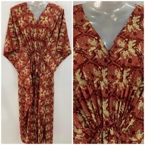 Brick Red Shade Yellow Leafy Print Cotton Maternity Nursing Kaftan