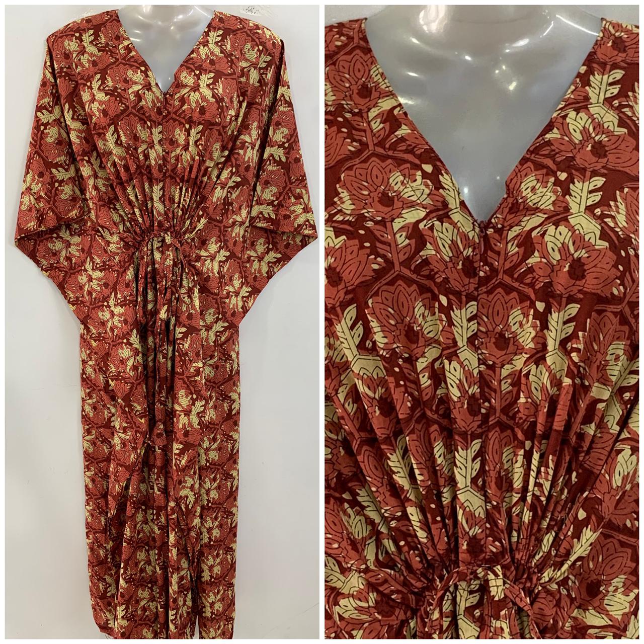 Brick Red Shade Yellow Leafy Print Cotton Maternity Nursing Kaftan