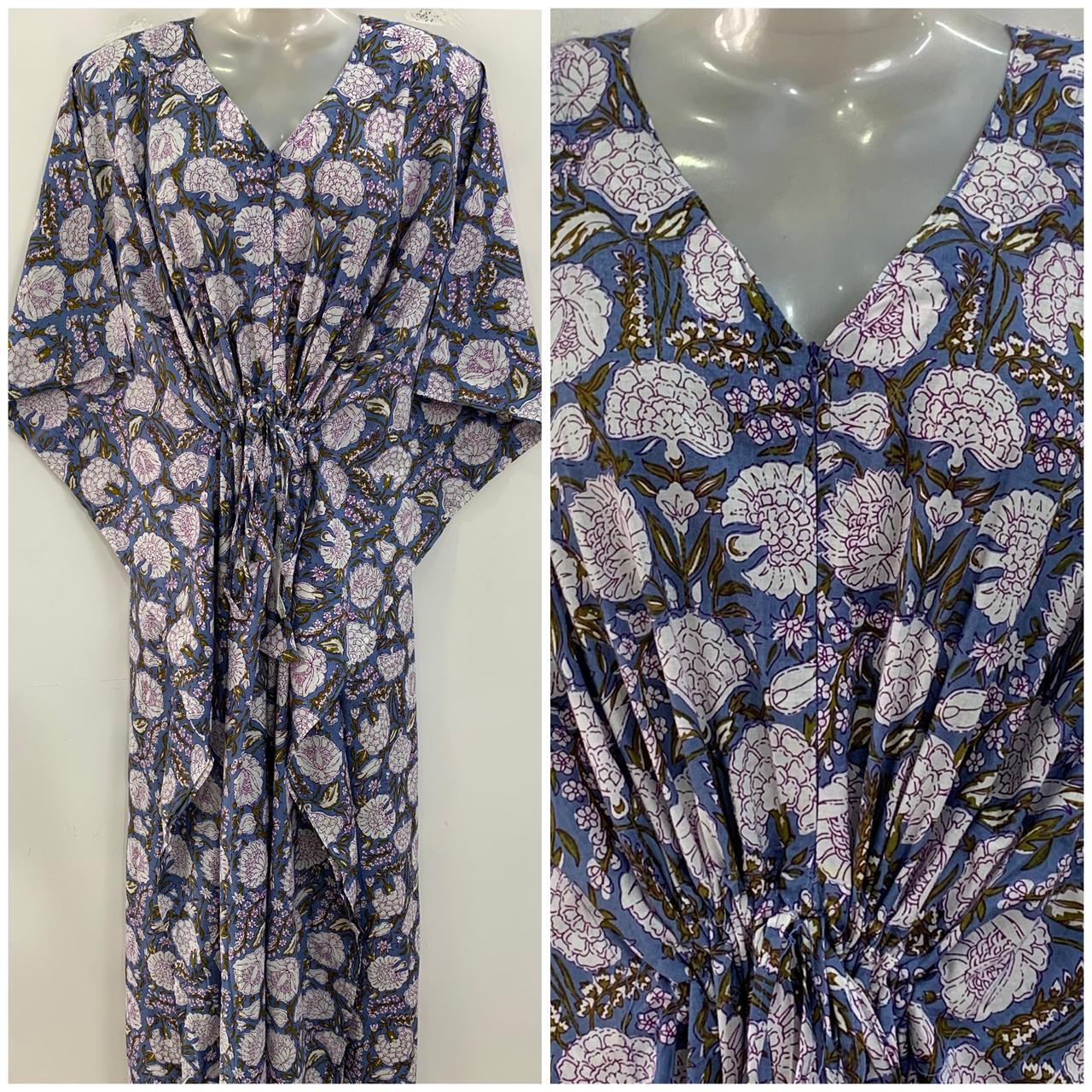 Pastel Blue shade White Marigold Flower Print Cotton Maternity Nursing Kaftan