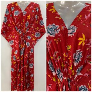 Red Shade Blue Rose Flower Yellow Leafy Print Cotton Maternity Nursing Kaftan