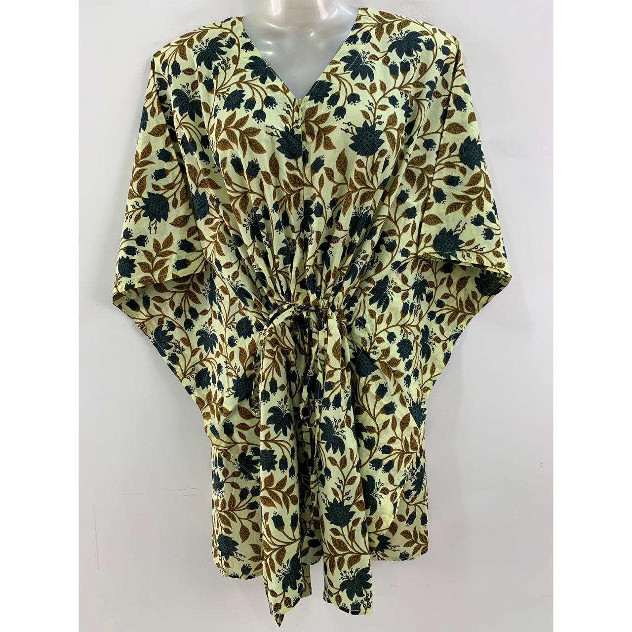 Cream Shade Blue flower Bale Print Cotton Nursing-Friendly Kaftan Top