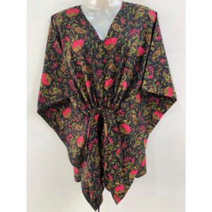 Black shade Pink Lotus Flower Print Cotton Nursing-Friendly Kaftan Top