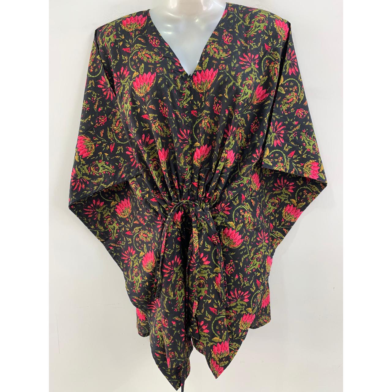Black shade Pink Lotus Flower Print Cotton Nursing-Friendly Kaftan Top