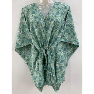 Pastel Green Shade Small Blue Flower Jungle Print Cotton Nursing-Friendly Kaftan Top