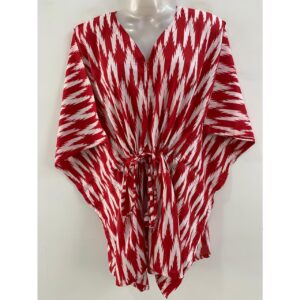 Red Shade Zig-Zag Ikkat Design Print Cotton Nursing-Friendly Kaftan Top