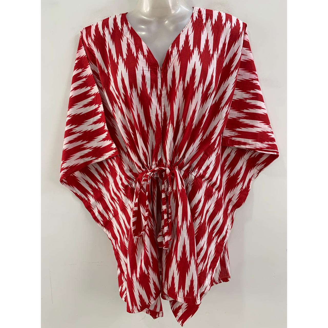 Red Shade Zig-Zag Ikkat Design Print Cotton Nursing-Friendly Kaftan Top