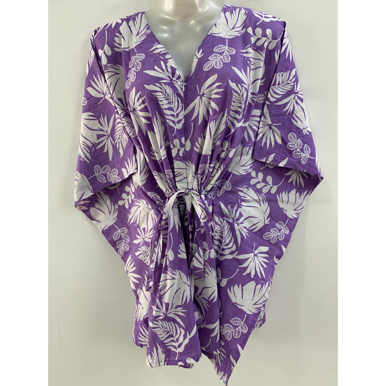Purple shade Big White Leafy Print Cotton Nursing-Friendly Kaftan Top