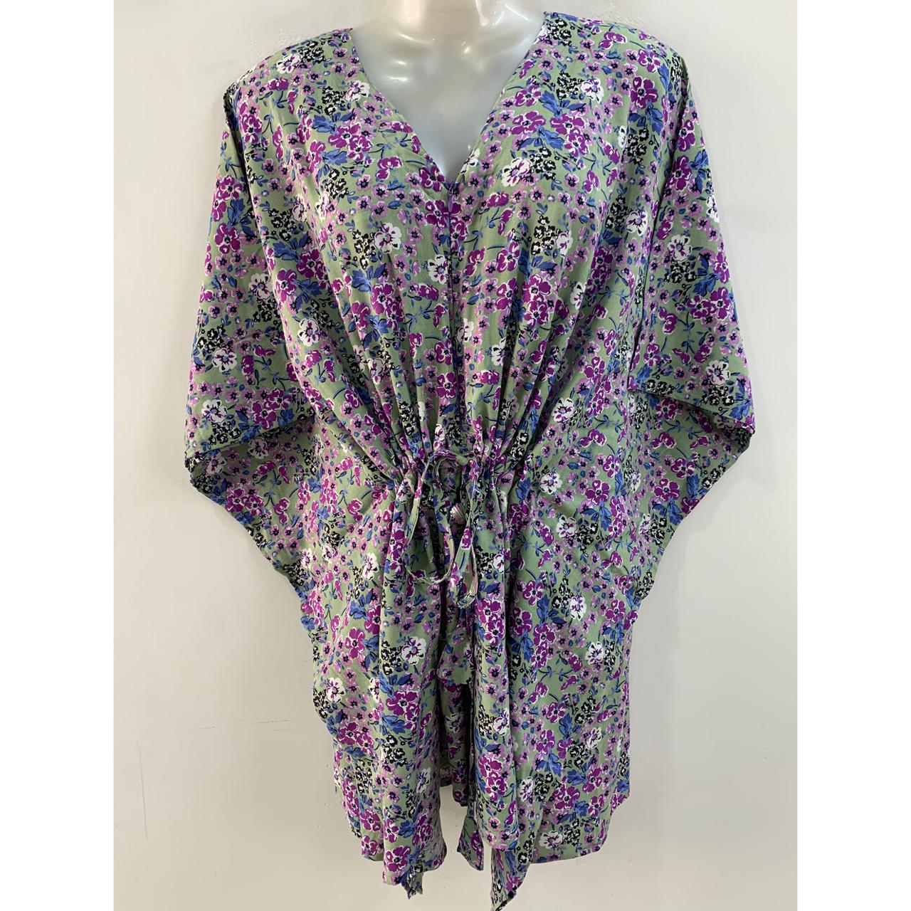 Grey shade Tiny Purple Flower Print Cotton Nursing-Friendly Kaftan Top