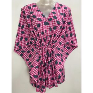Pink shade Checkered Leafy Print Cotton Nursing-Friendly Kaftan Top