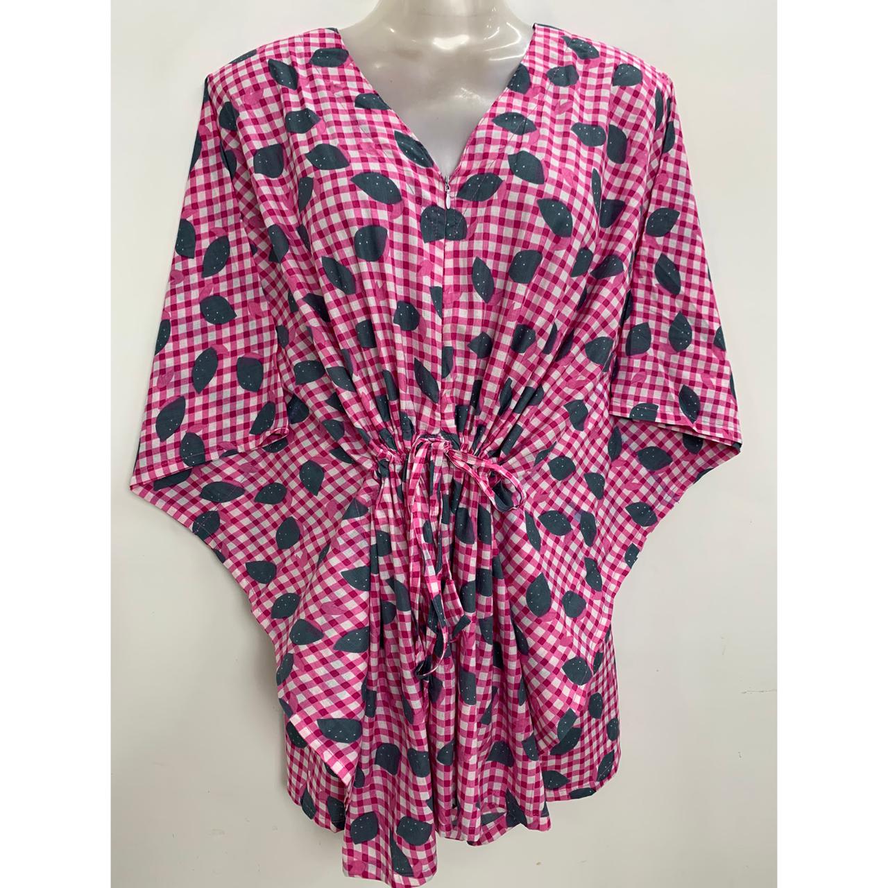Pink shade Checkered Leafy Print Cotton Nursing-Friendly Kaftan Top