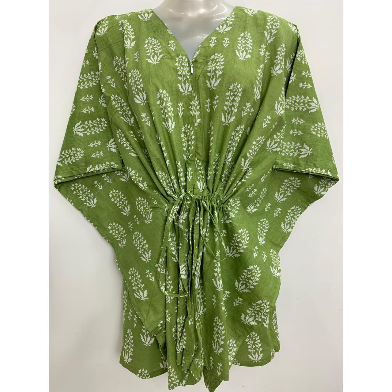 Fresh Green shade White Bunch Design Print Cotton Nursing-Friendly Kaftan Top