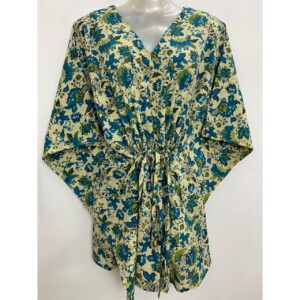 Off White shade Green-Blue flower Jungle Print Cotton Nursing-Friendly Kaftan Top