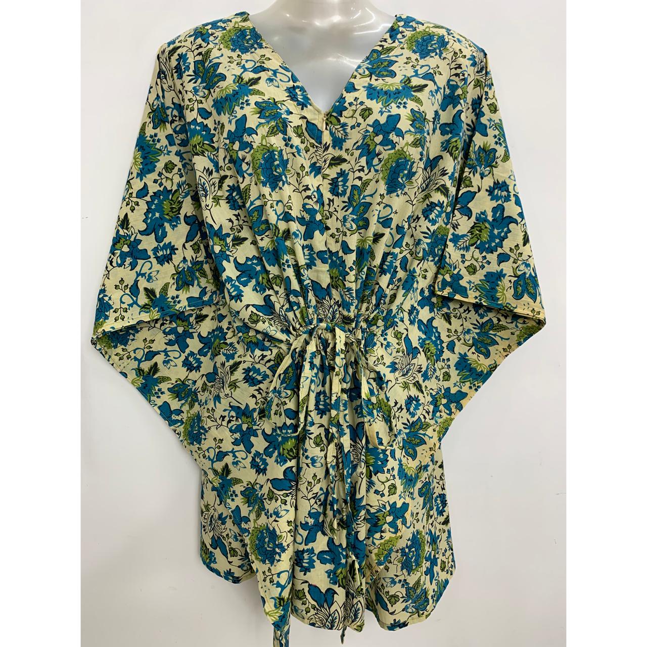 Off White shade Green-Blue flower Jungle Print Cotton Nursing-Friendly Kaftan Top