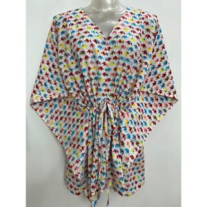 White shade Multicolor Tiny Elephant Print Cotton Nursing-Friendly Kaftan Top