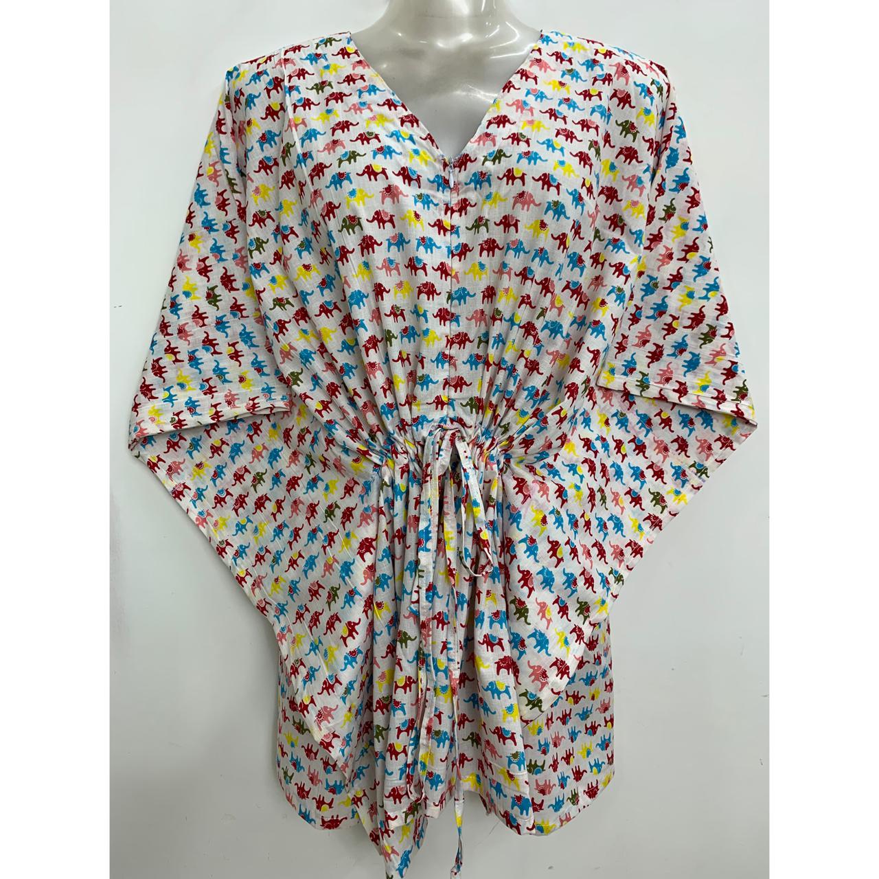 White shade Multicolor Tiny Elephant Print Cotton Nursing-Friendly Kaftan Top