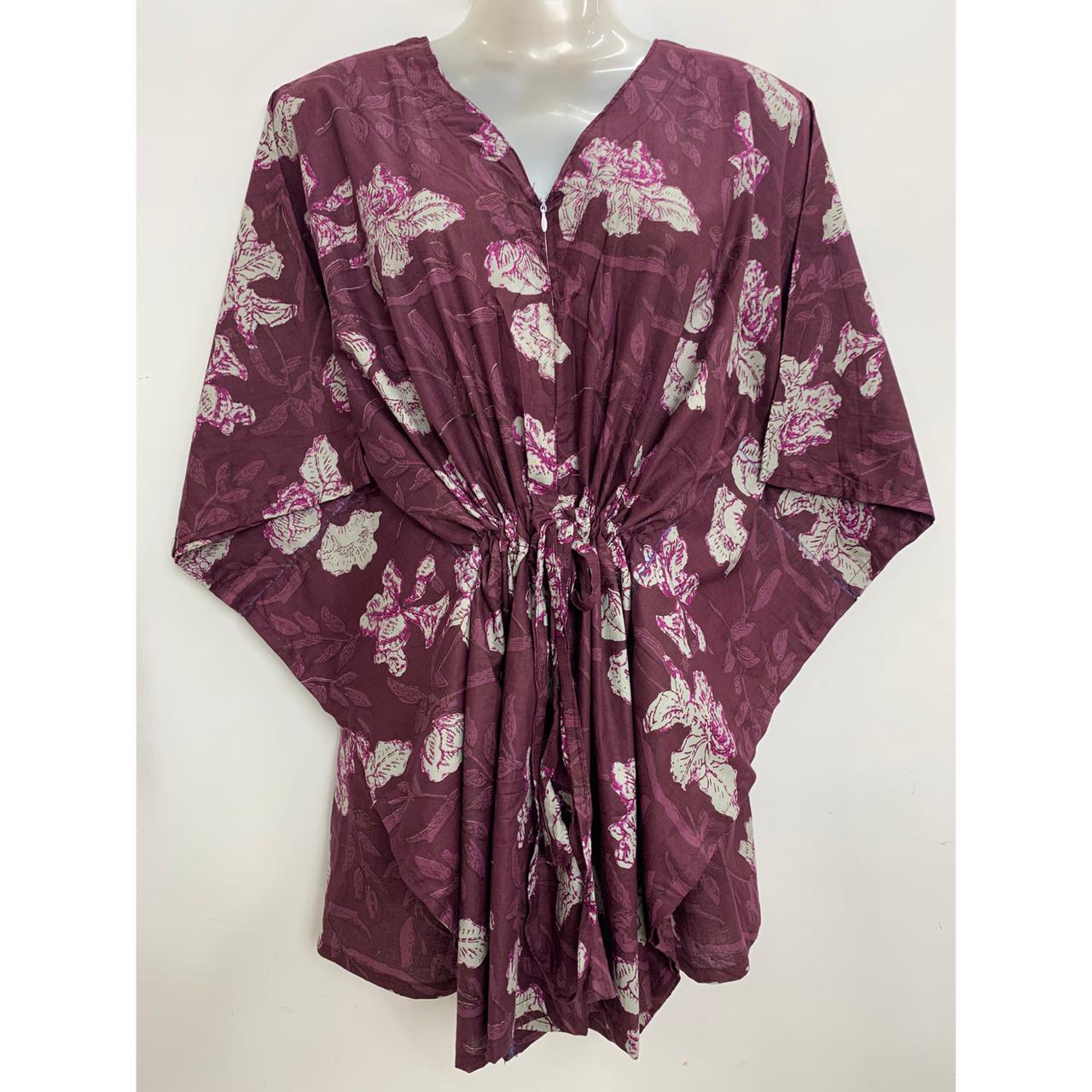 Plum Shade White Flower Garden Print Cotton Nursing-Friendly Kaftan Top