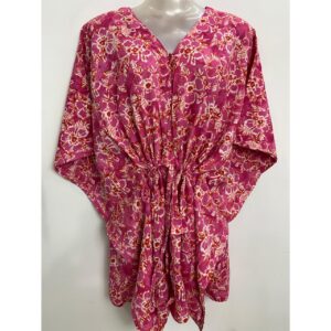 Pink Shade Pink Poppy Flower Print Cotton Nursing-Friendly Kaftan Top