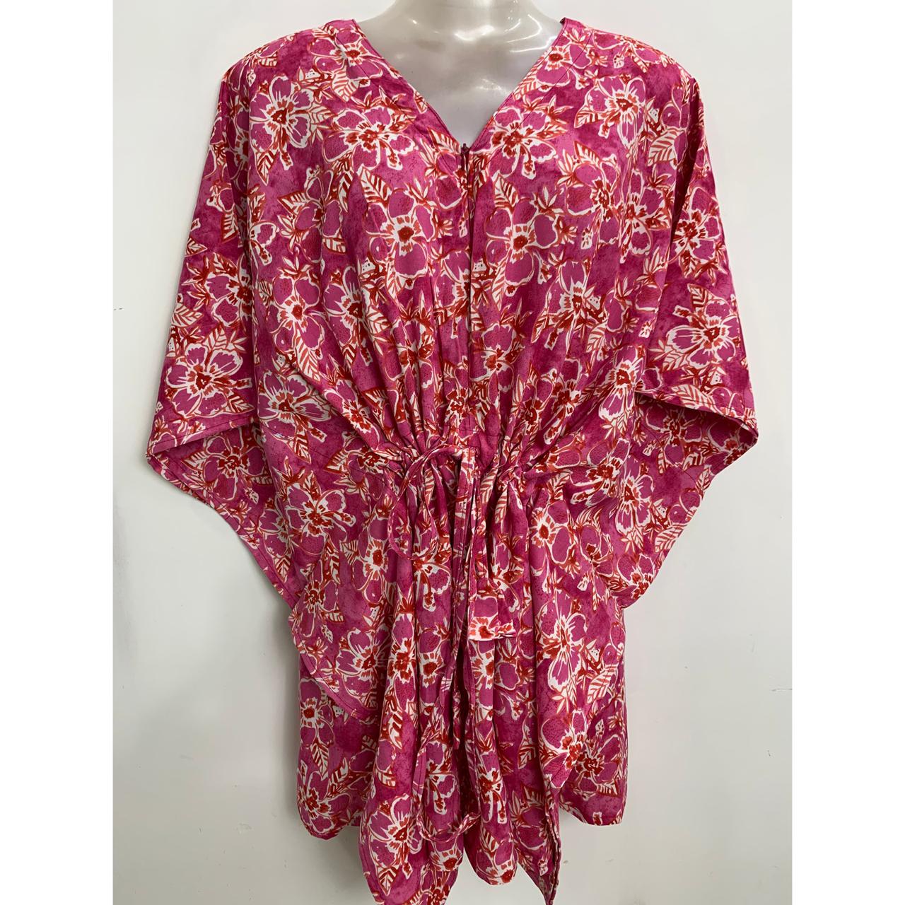 Pink Shade Pink Poppy Flower Print Cotton Nursing-Friendly Kaftan Top