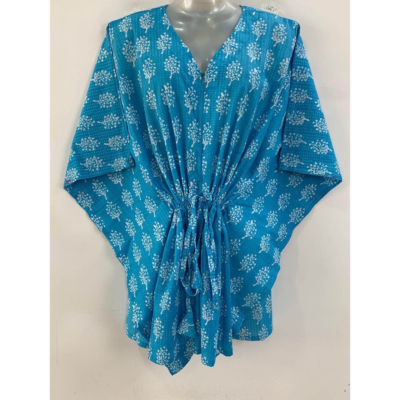 Light Blue shade White Flower Bunch Print Cotton Nursing-Friendly Kaftan Top