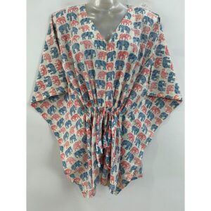 Blue-Red Paper Elephant Print Cotton Nursing-Friendly Kaftan Top