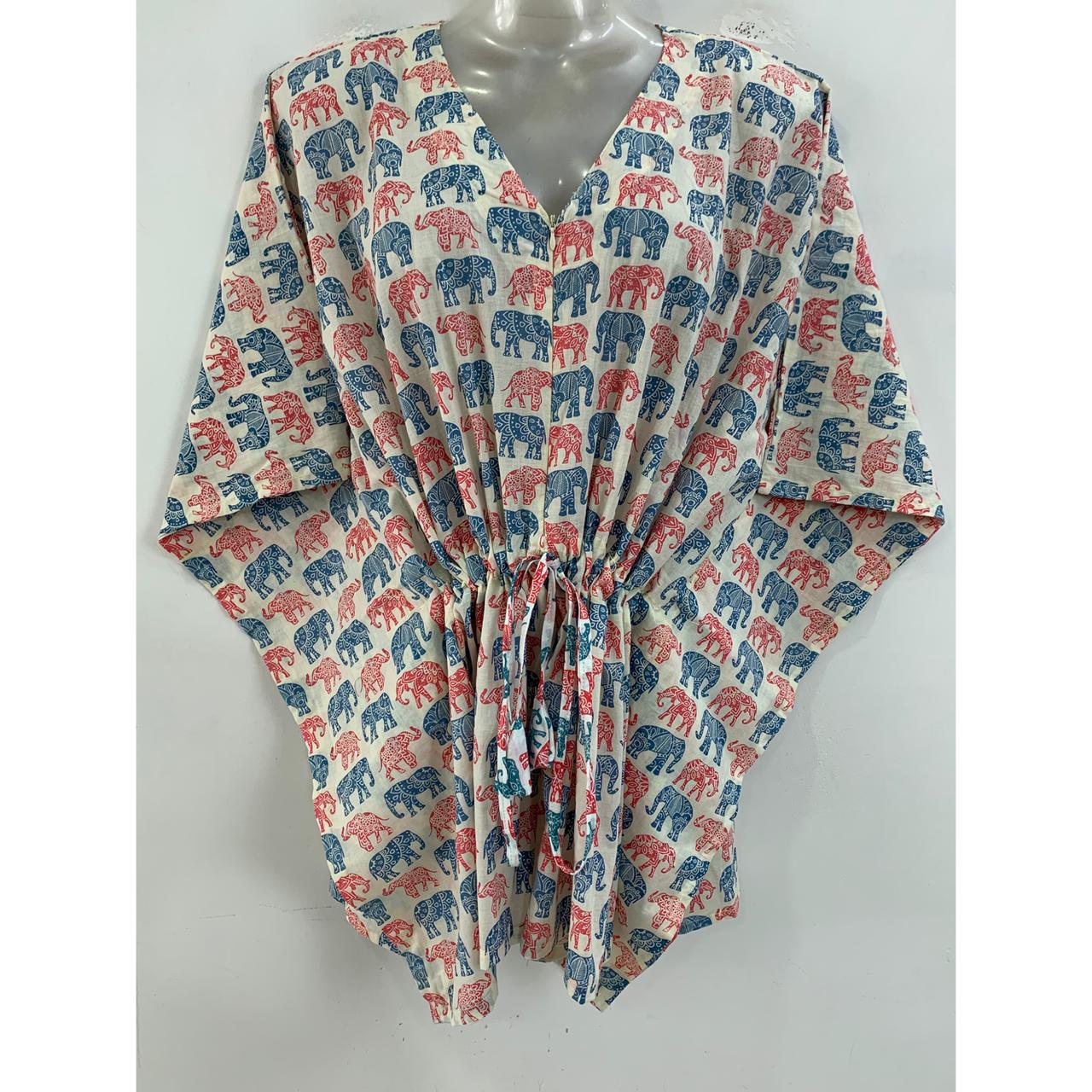 Blue-Red Paper Elephant Print Cotton Nursing-Friendly Kaftan Top