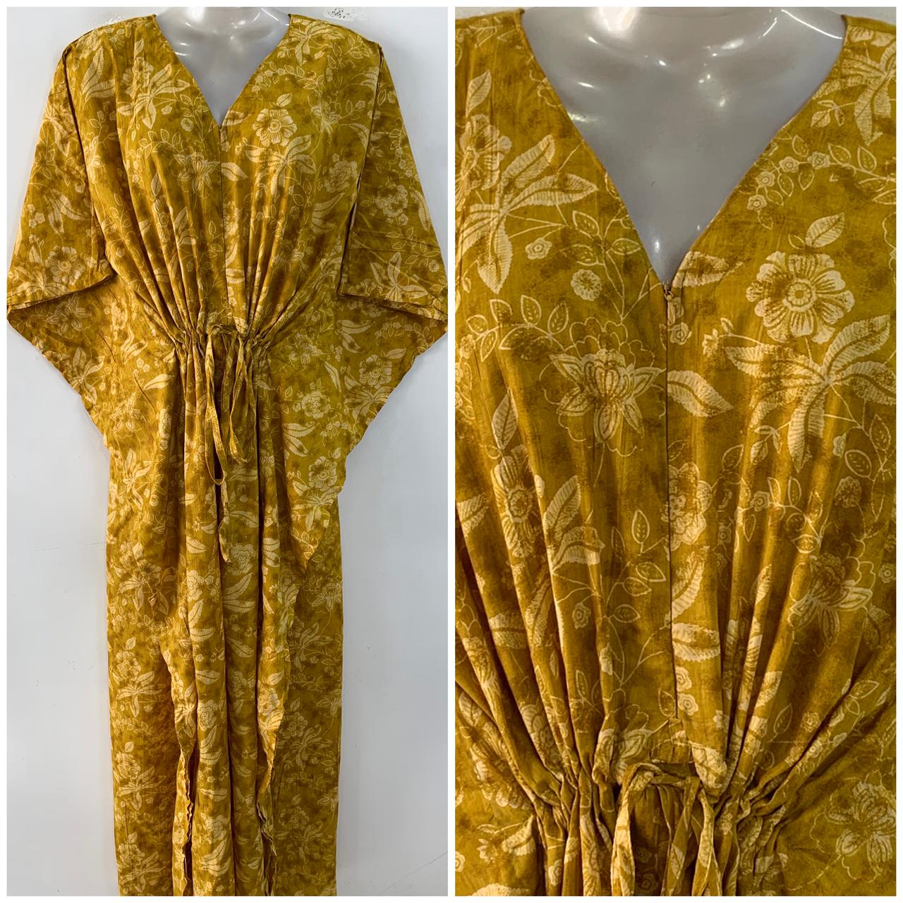 Mustard Yellow shade Creme flower Garden Print Cotton Maternity Nursing Kaftan