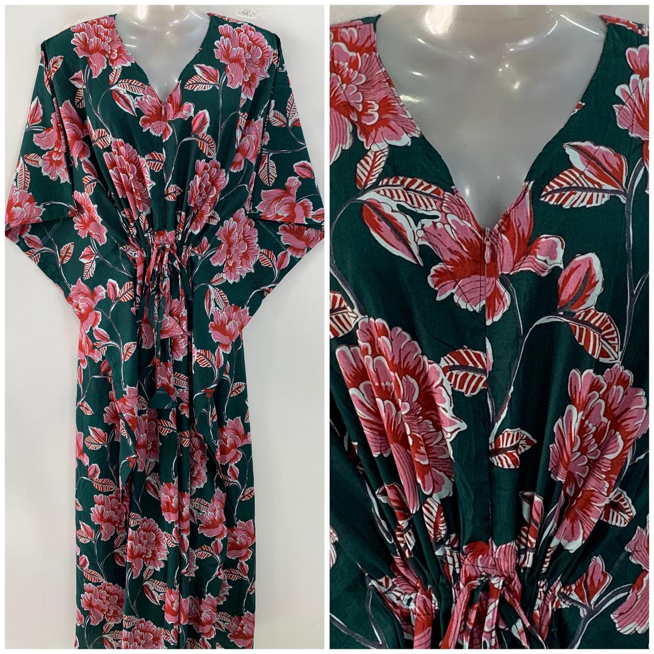 Dark Green shade Pink Earth Lotus Flower Print Cotton Maternity Nursing Kaftan