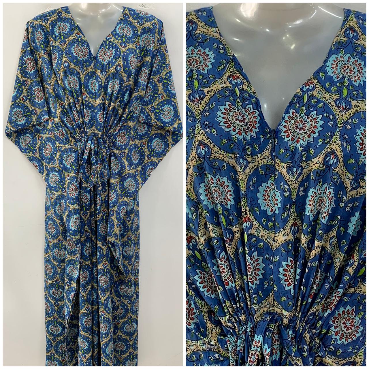 Blue shade Brown Maharaja Mandala Print Cotton Maternity Nursing Kaftan