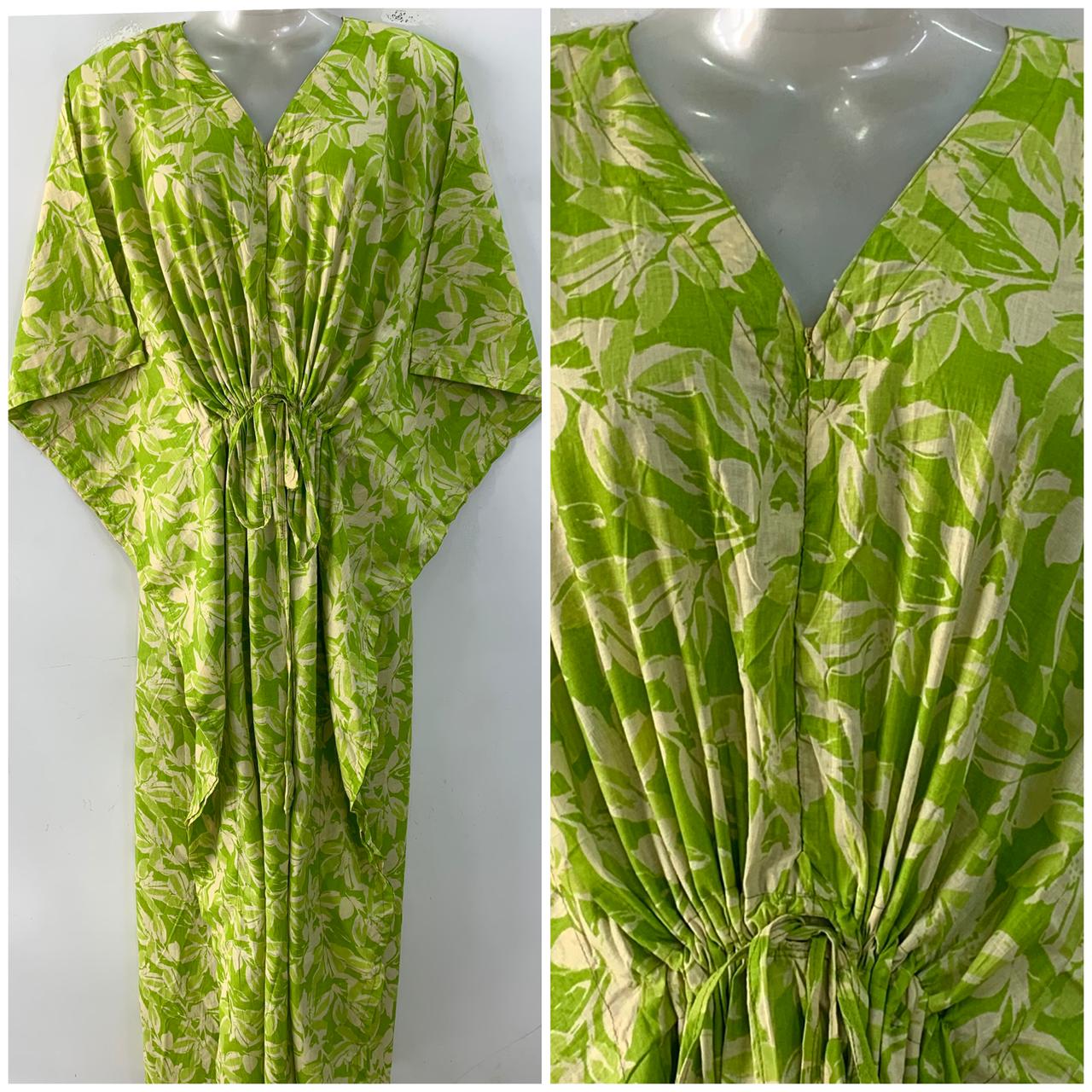 Lime Green shade White Petal Print Cotton Maternity Nursing Kaftan