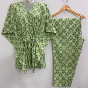 Light Green shade Lion Print Cotton Maternity Kaftan Co-Ord Set